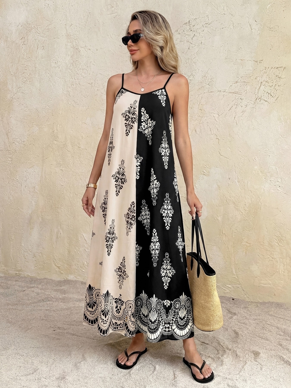 Split-Panel Black & Cream Maxi Dress with Lace Border